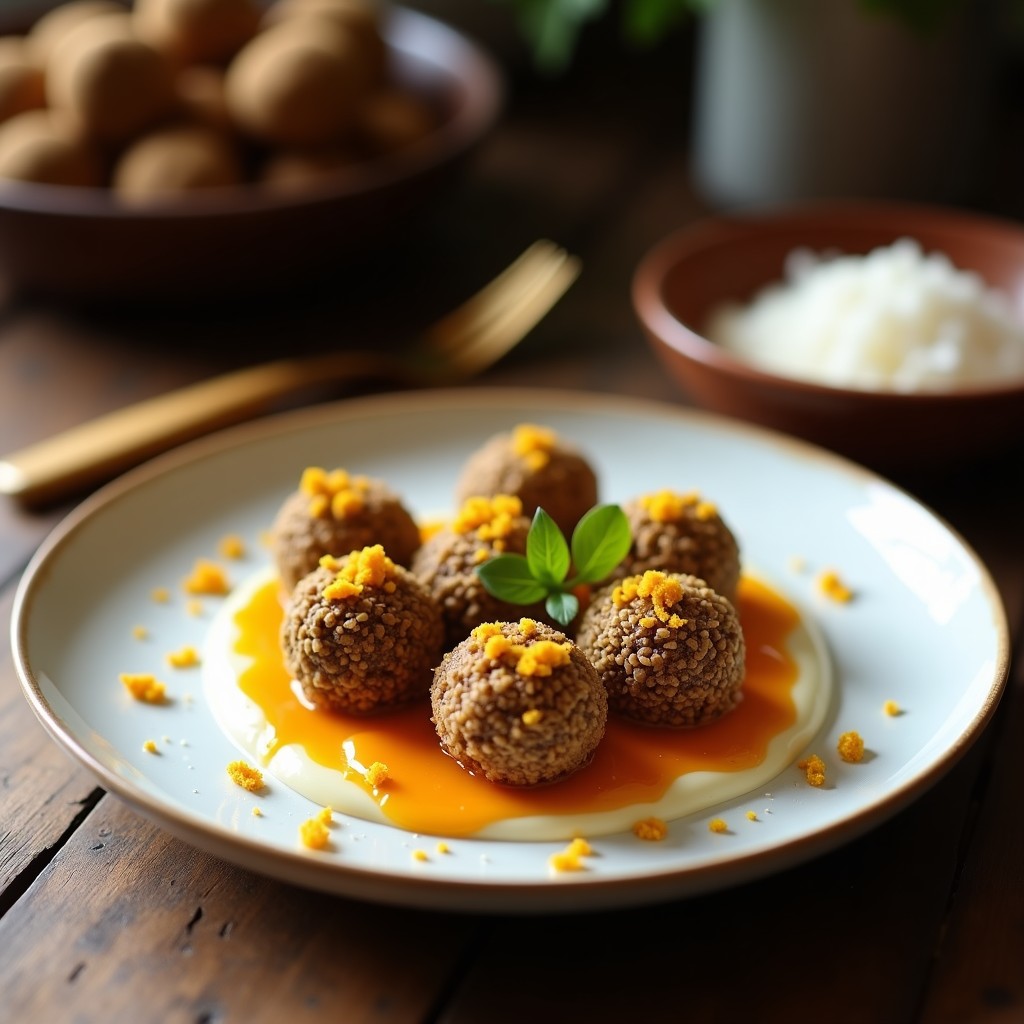 Trufas redondas de color marrón dorado con cobertura de coco rallado blanco, dispuestas en una bandeja de madera rústica. Al fondo, granos de café y una cuchara de cúrcuma en polvo. Postre antiinflamatorio sin horno.