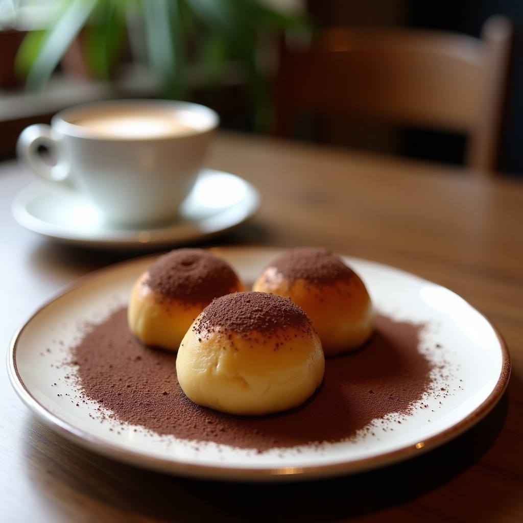 Trufas de café y dátiles con cubre de cacao crudiveganas, snack energético en forma de bolitas oscuras con textura rugosa, sobre un plato de madera con cacao en polvo espolvoreado y granos de café de fondo.