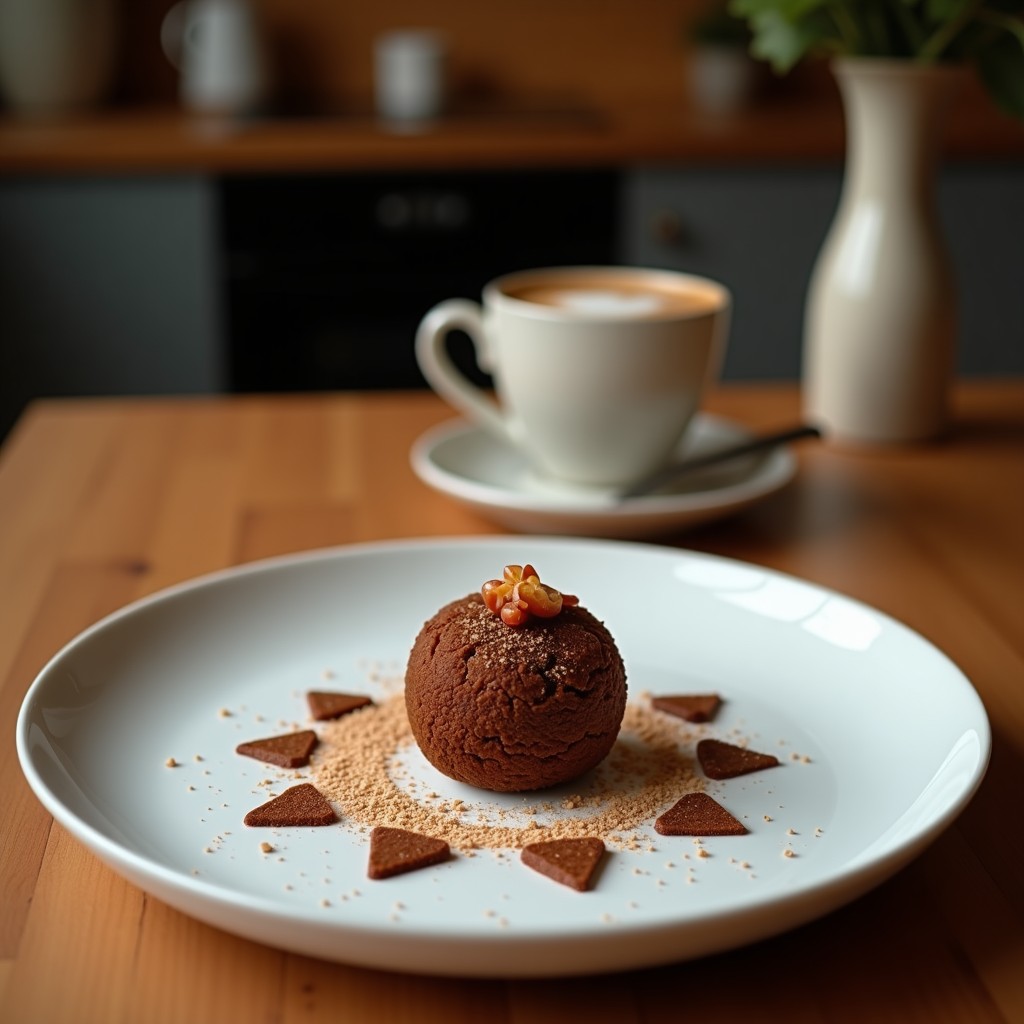 Trufas de café y dátiles veganas sin azúcar, con cobertura de cacao crudo, dispuestas en una bandeja de madera rústica con granos de café y dátiles al fondo, postre alto en energía.