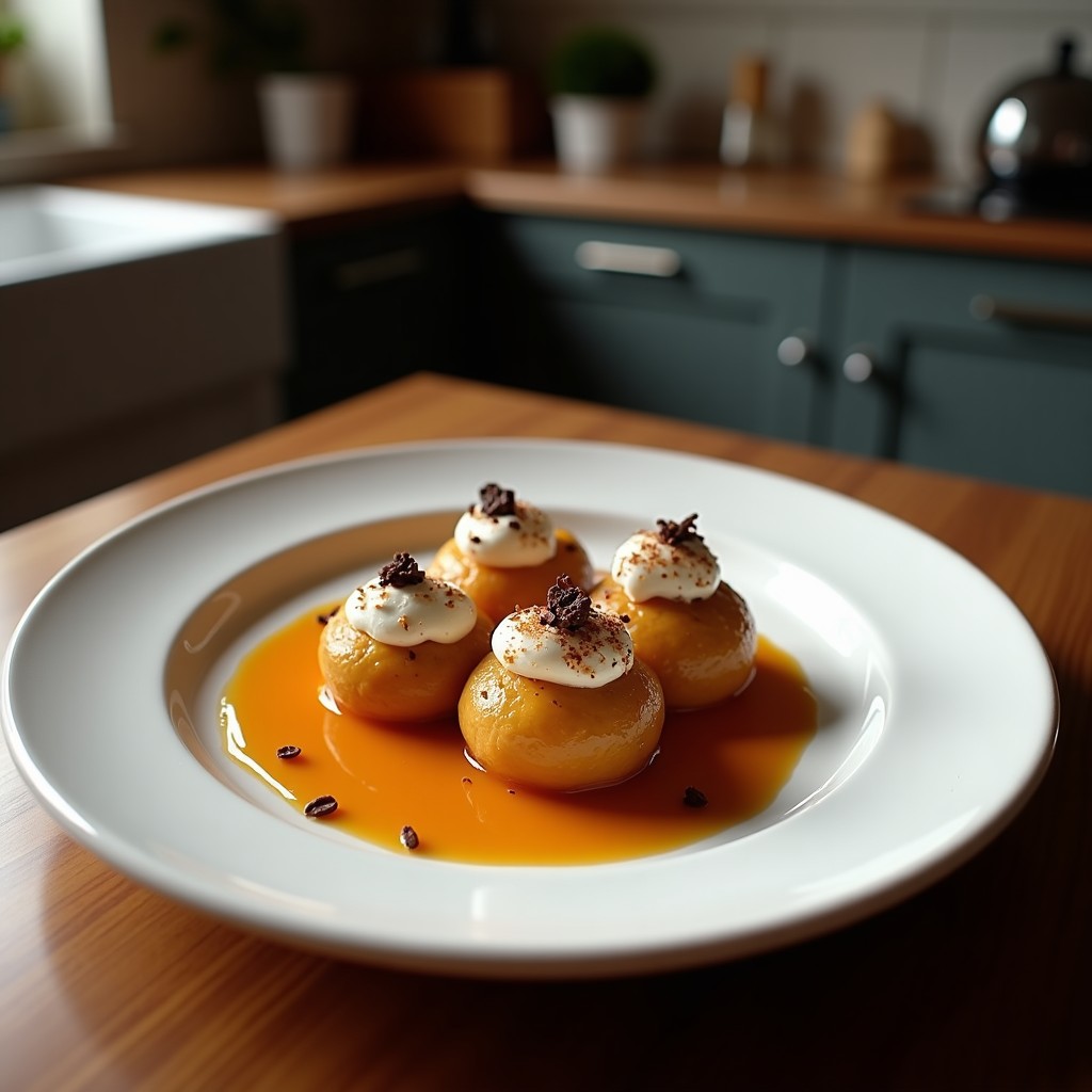 Trufas de café y hongos medicinales keto con cobertura de cacao crudo y almendras fileteadas, servidas en un plato de cerámica blanca sobre fondo rústico.