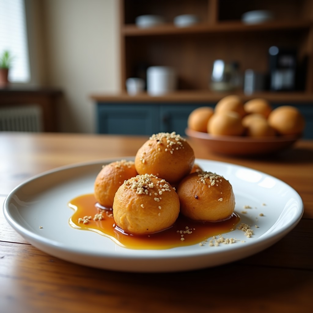 Trufas de café y hongos rehidratados veganas en airfryer, con textura crujiente por fuera y cremosa por dentro, cubiertas de coco rallado y dispuestas en un plato de madera rústico sobre fondo oscuro.