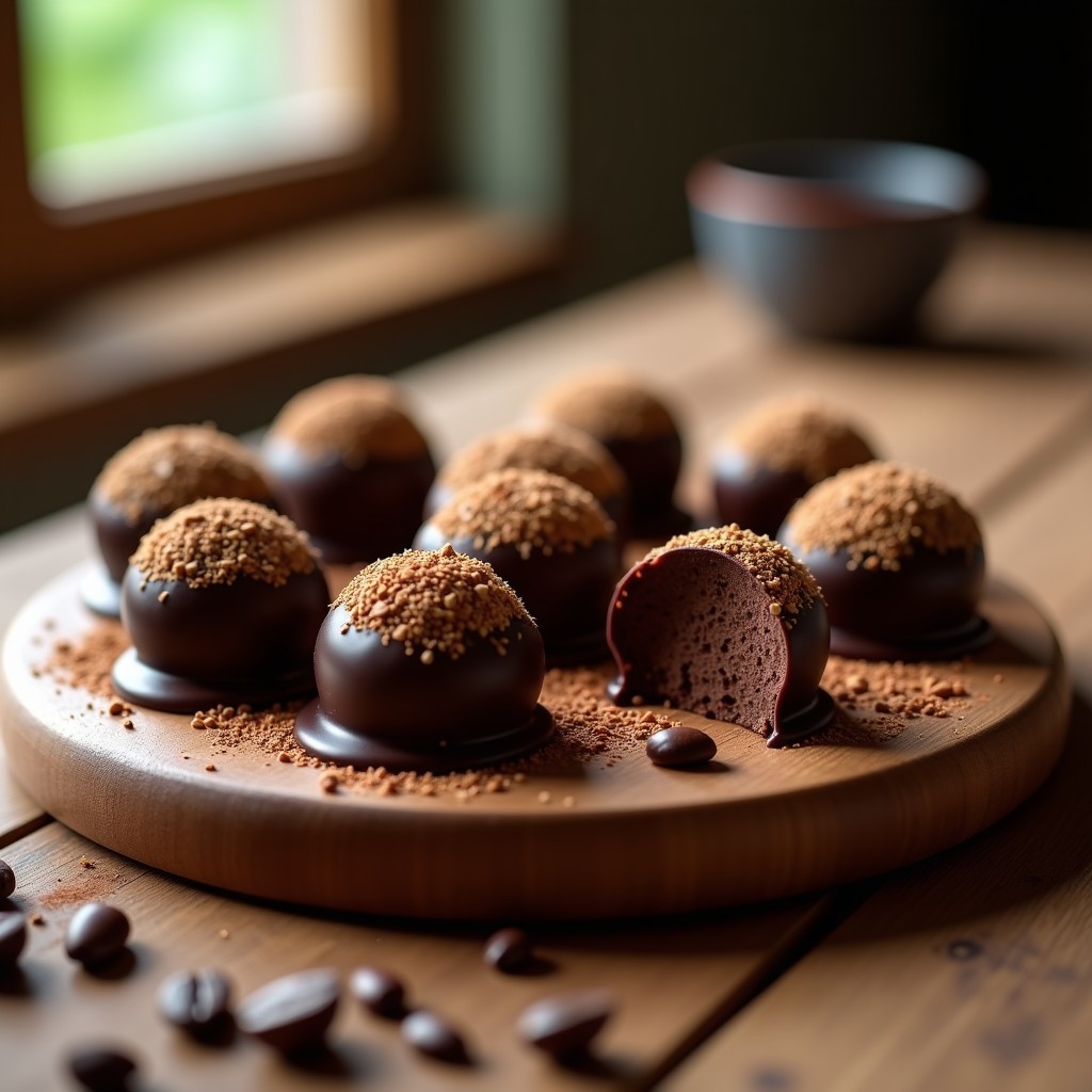 Trufas redondas y brillantes de café y semillas de cáñamo con cobertura de cacao puro, dispuestas en una bandeja de madera con cacao en polvo espolvoreado y granos de café al fondo. Receta sin azúcar, vegana y keto.