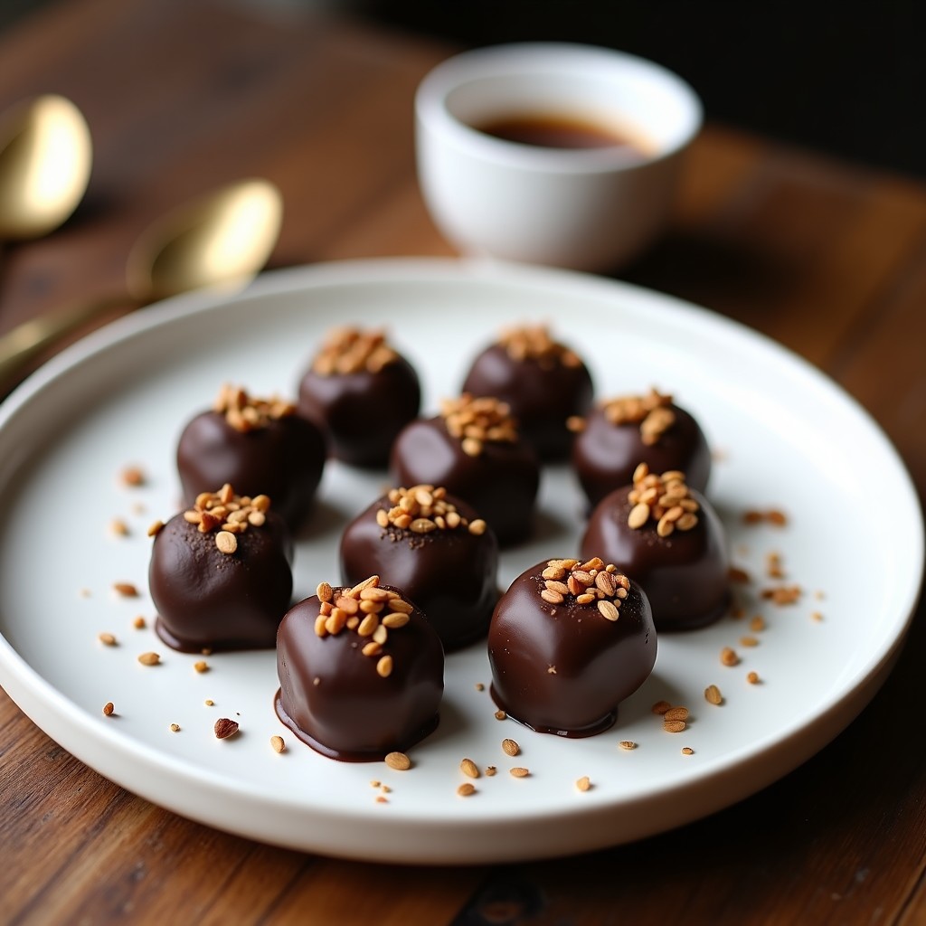 Trufas keto de café y semillas de cártamo con toque a caramelo, decoradas con cacao nibs y semillas tostadas, sobre un plato de cerámica blanca con fondo rústico.