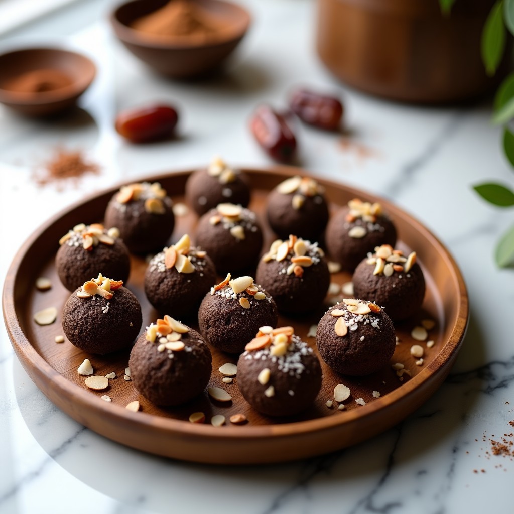 Trufas de cáñamo y dátiles con cacao dispuestas en una bandeja de madera, cubiertas de coco rallado y almendras fileteadas, con un fondo borroso de cacao en polvo y semillas de cáñamo esparcidas.