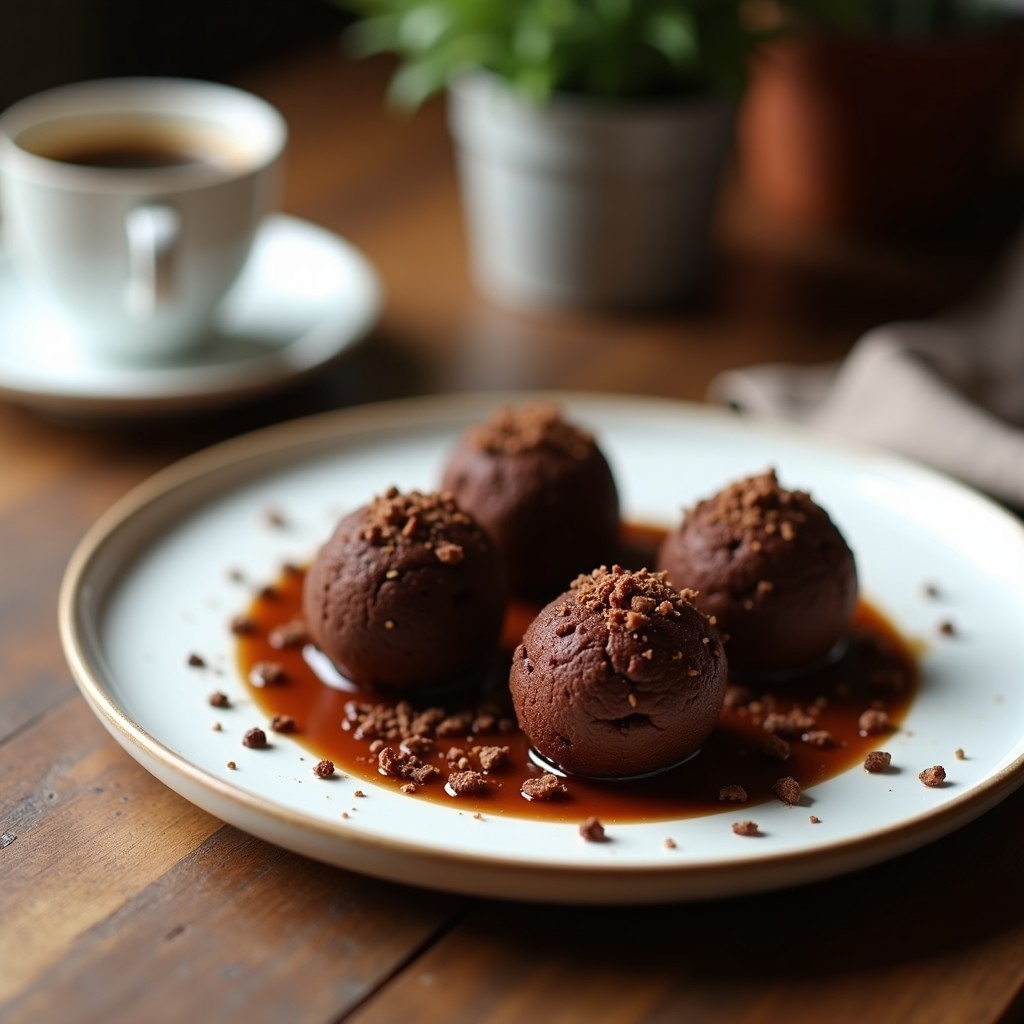 Trufas de chocolate negro rebozadas en cacao en polvo y coco rallado, con avellanas picadas y un toque de café esparcido por encima. Presentadas en un plato de madera rústica.