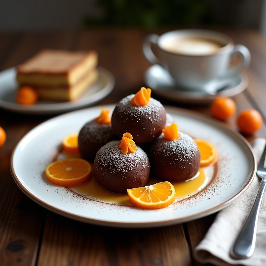 Trufas de chocolate negro brillante con virutas de cáscara de naranja confitada, postre vegano y sin azúcar, servidas en bandeja de madera con fondo borroso.