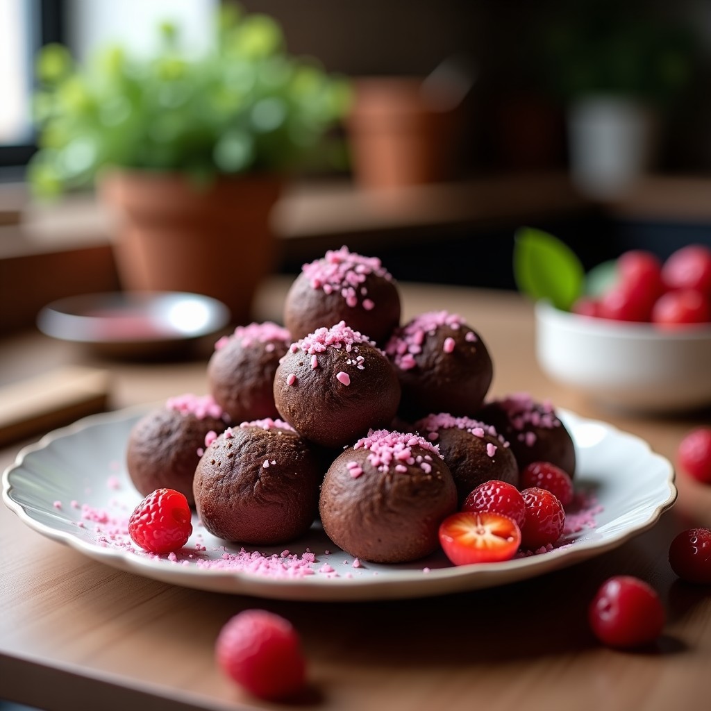 Trufas de chocolate negro con toque de pimienta rosa y almendras fileteadas, servidas en cápsulas de papel dorado sobre una bandeja de madera oscura, con granos de café y pimienta rosa esparcidos como decoración.