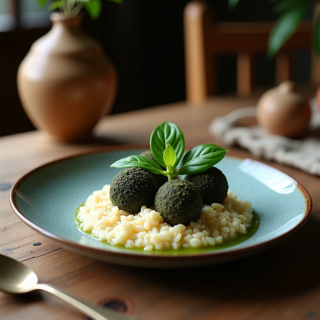 Trufas de coco y algas spirulina dispuestas en una bandeja de madera oscura, con coco rallado espolvoreado y semillas de chía visibles en la superficie. Color verde azulado intenso por la spirulina, textura rugosa y brillante.