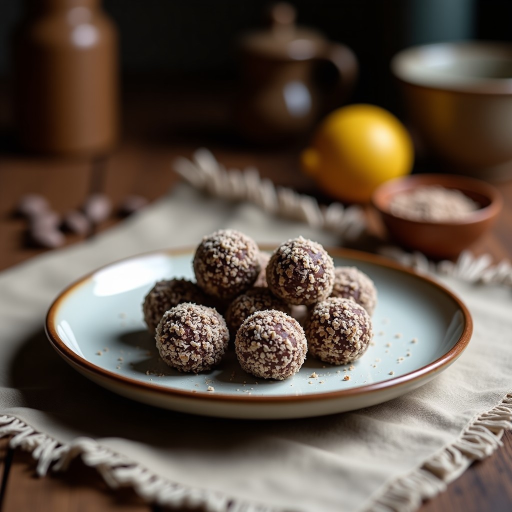 Trufas de coco y café Robusta sin azúcar con cobertura de cacao 100% sobre papel de horno, brillantes y decoradas con coco rallado, en un plato de cerámica blanca.