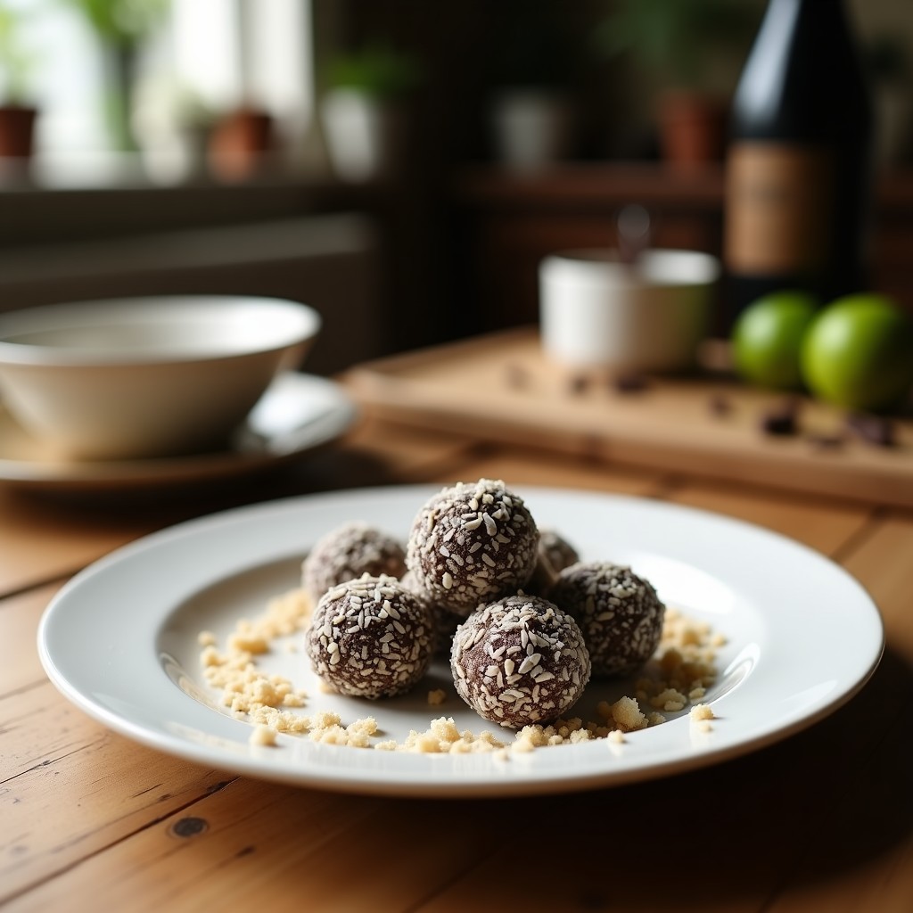 Trufas de coco y lima con cubierta de chocolate 85% dispuestas en una bandeja de madera oscura, decoradas con ralladura de lima y coco rallado, sobre un fondo blanco con sombras suaves.