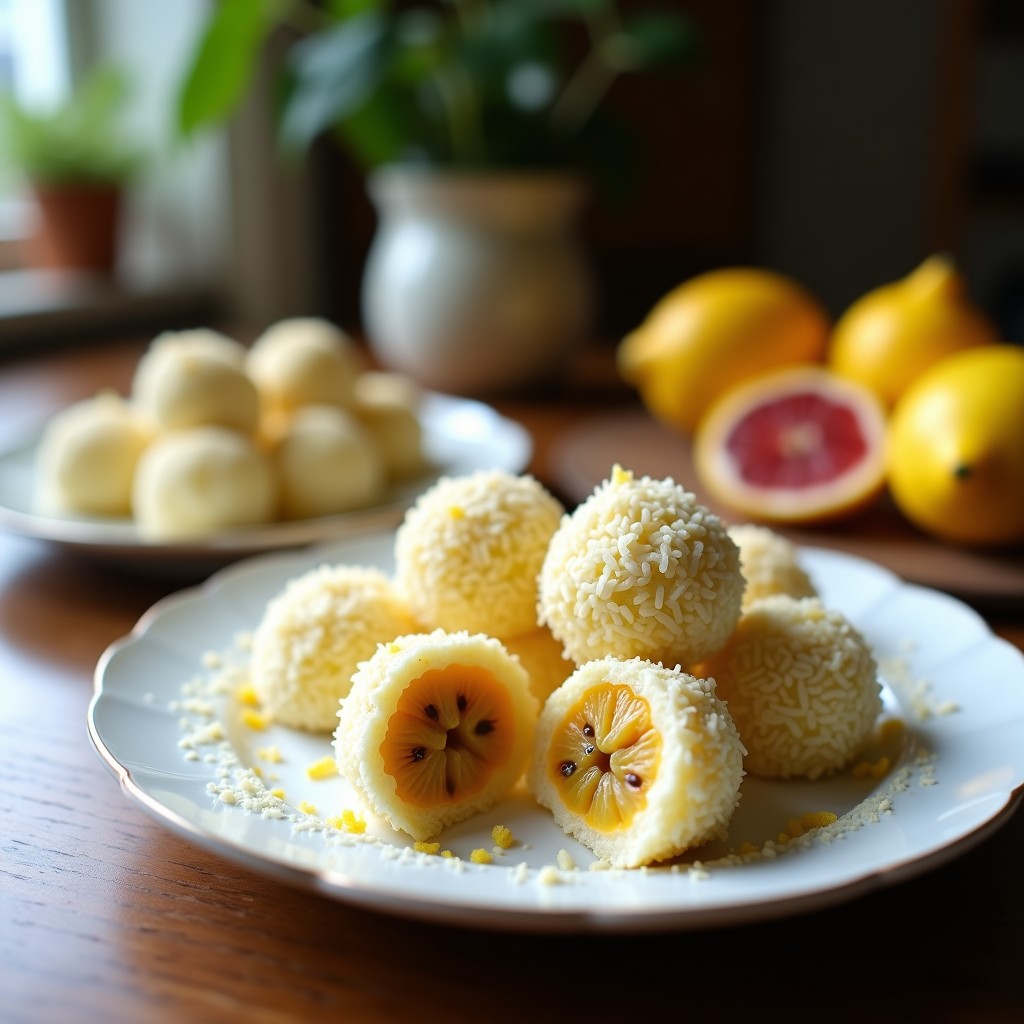 Trufas de coco y limón con relleno de maracuyá en una fuente blanca, decoradas con coco rallado y hebras de limón, postre vegano sin azúcar.