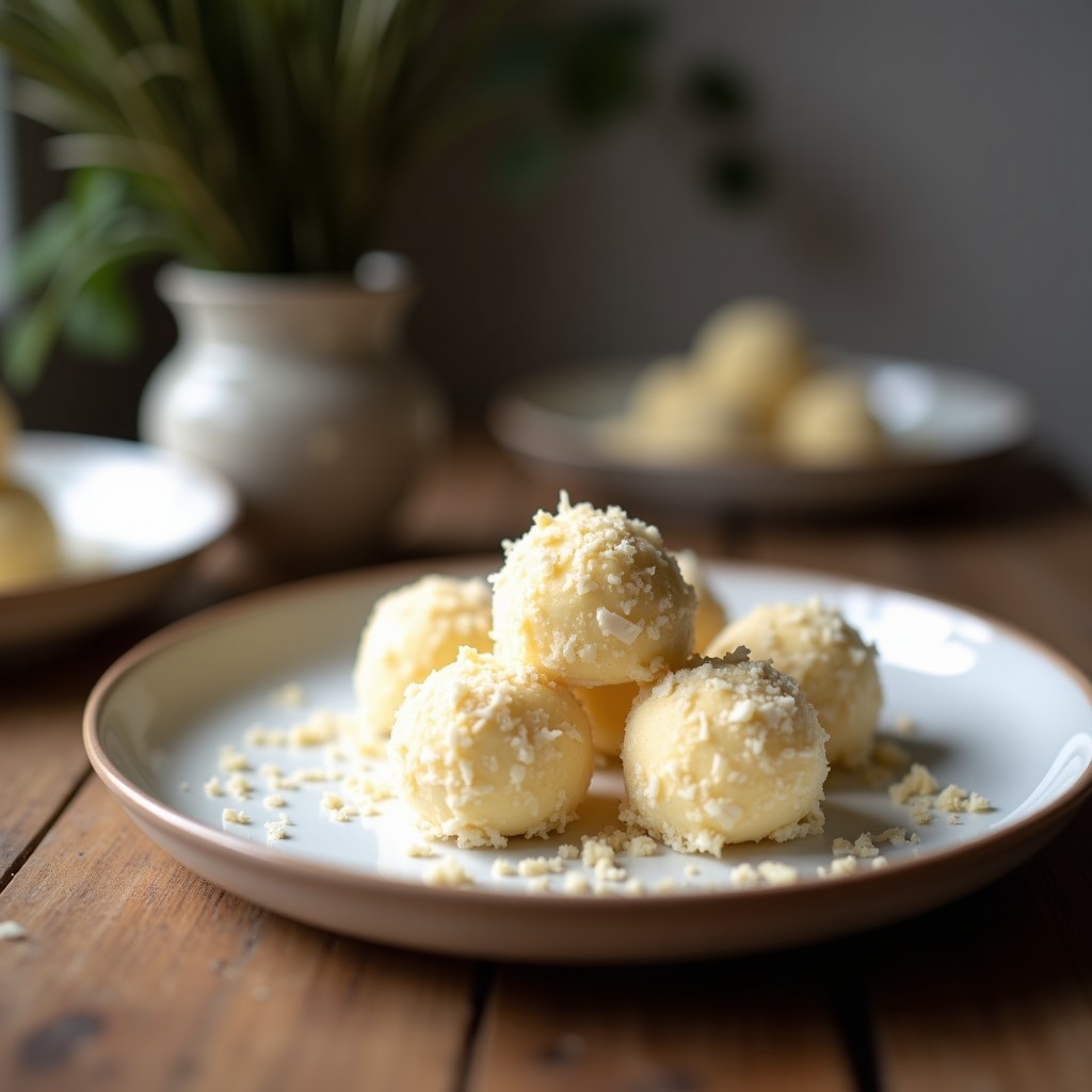 Trufas de coco rallado y esencia de vainilla crudiveganas, servidas en un plato blanco con coco espolvoreado, postre sin horno en 3 ingredientes.