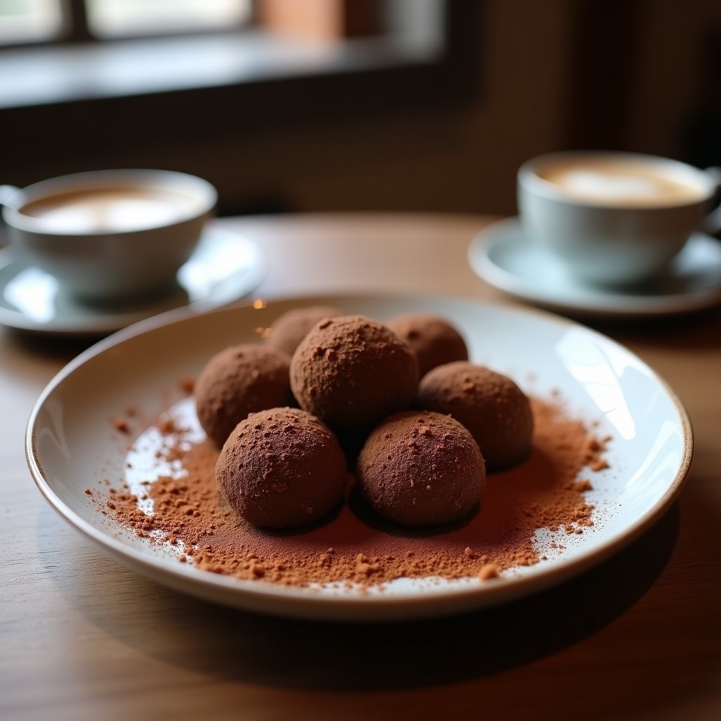 Trufas redondas y oscuras de dátil y café con cacao en polvo, rebozadas en coco rallado y semillas de chía, dispuestas en una bandeja de madera rústica con granos de café al fondo.