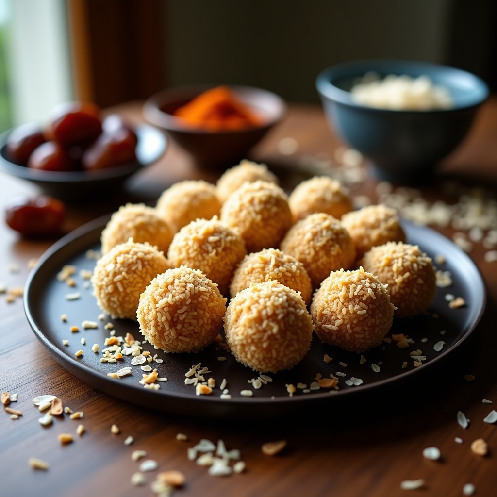 Trufas redondas de color dorado ambarino con vetas de azafrán, decoradas con pistachos picados y polvo de azafrán, sobre un plato de cerámica blanca con detalles persas.