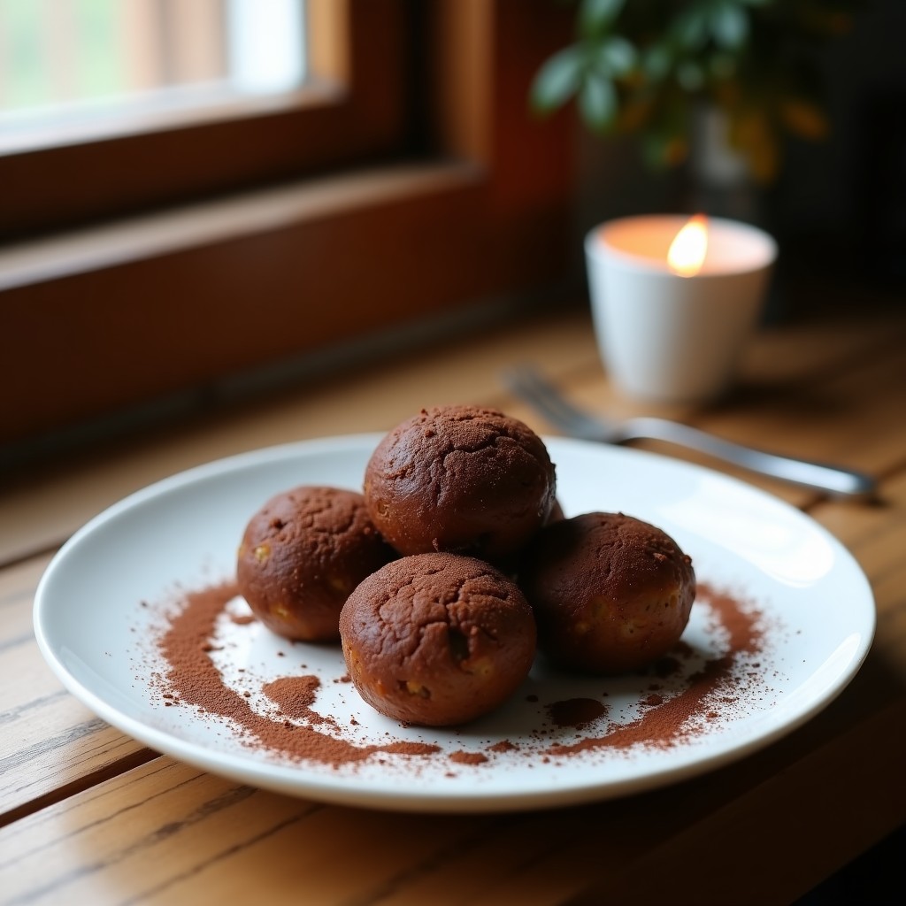Trufas de dátiles y almendras con cacao dispuestas en una bandeja de madera oscura, espolvoreadas con coco rallado y cacao en polvo, sobre un fondo rústico con hojas de menta fresca.