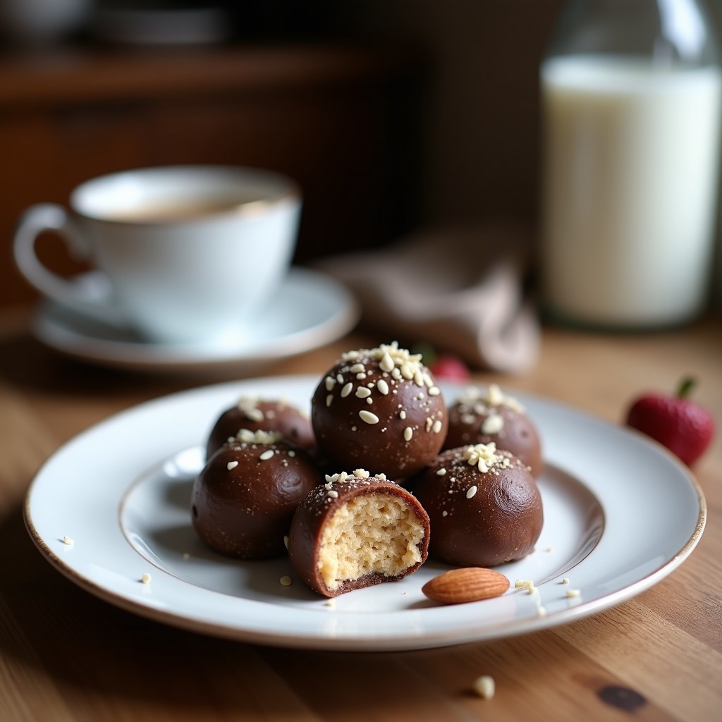 Trufas de dátiles y almendras crudiveganas dispuestas en una bandeja de madera, rebozadas en coco rallado y semillas de sésamo, con un fondo de almendras fileteadas y polvo de cacao.