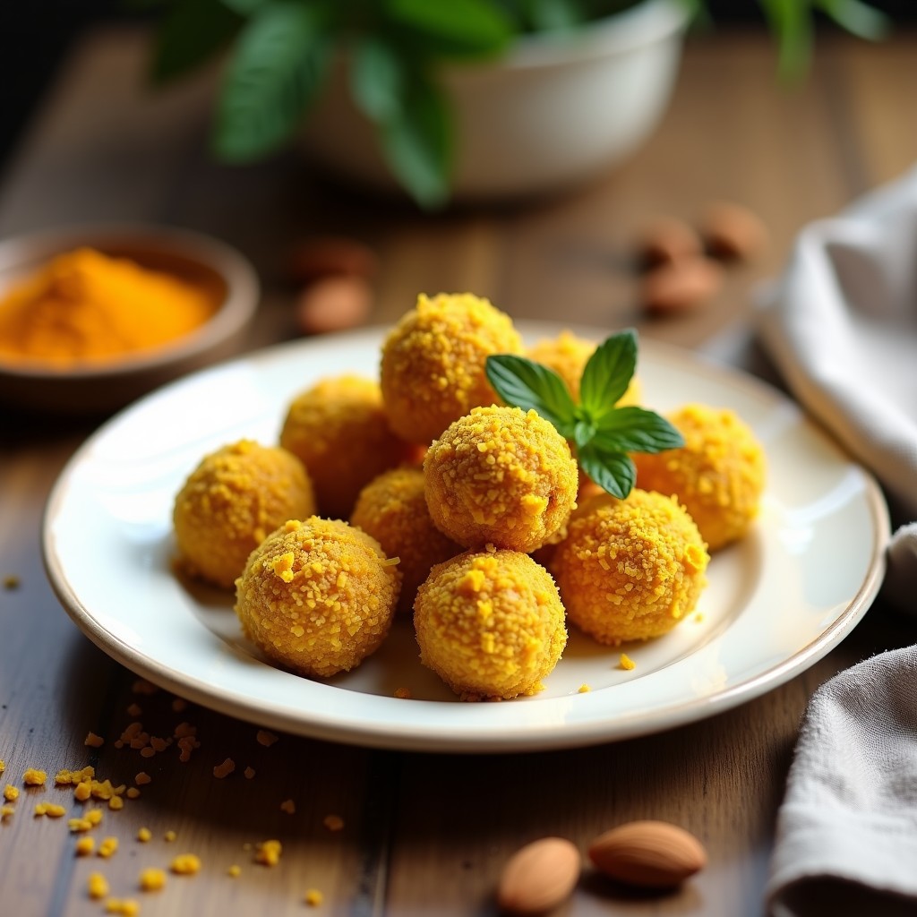 Trufas redondas de color dorado cubiertas de coco rallado, con vetas ambarinas de cúrcuma, dispuestas en una bandeja de madera rústica sobre papel de horno. Receta de trufas de dátiles y almendras con cúrcuma, energéticas veganas y antiinflamatorias.