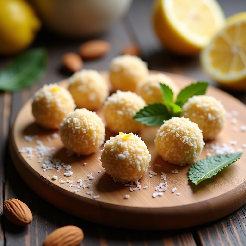 Trufas redondas y doradas de dátiles y almendras con ralladura de limón, cubiertas de coco rallado, dispuestas en una bandeja de madera rústica con rodajas de limón fresco y hojas de menta como decoración. Postre sin azúcar, energético y vegano.