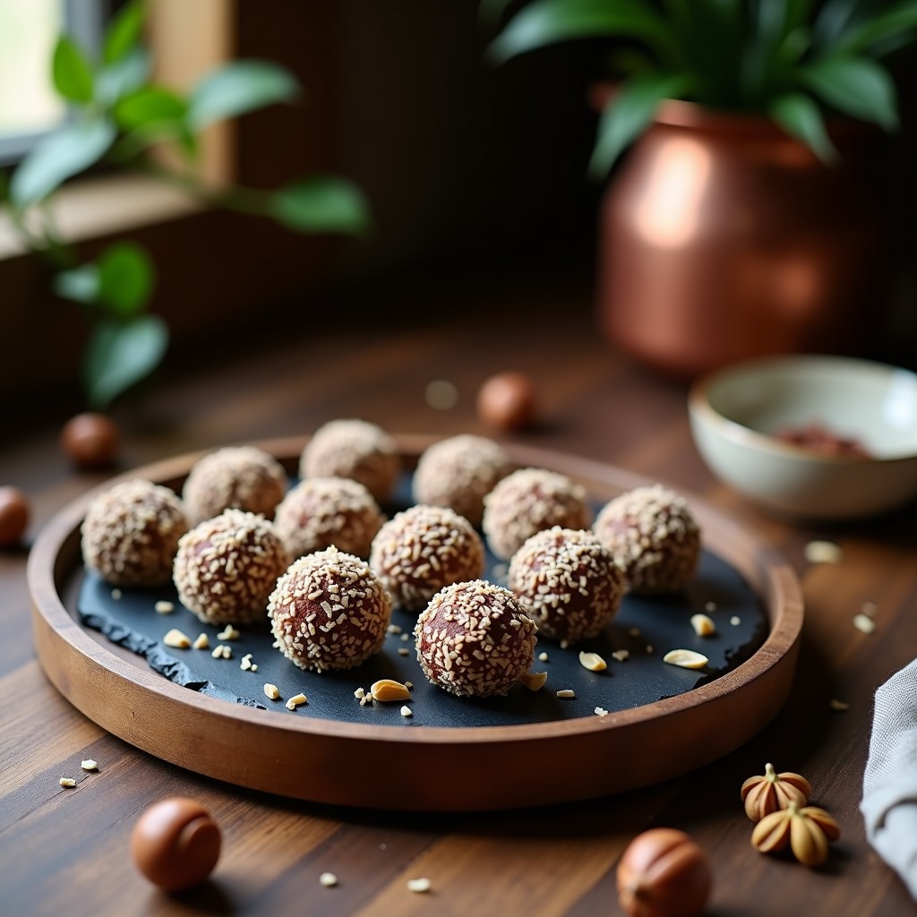 Trufas de dátiles y avellanas con esencia de cardamomo, postre vegano sin azúcar, cubiertas de coco rallado y dispuestas en una bandeja de madera con fondo desenfocado.