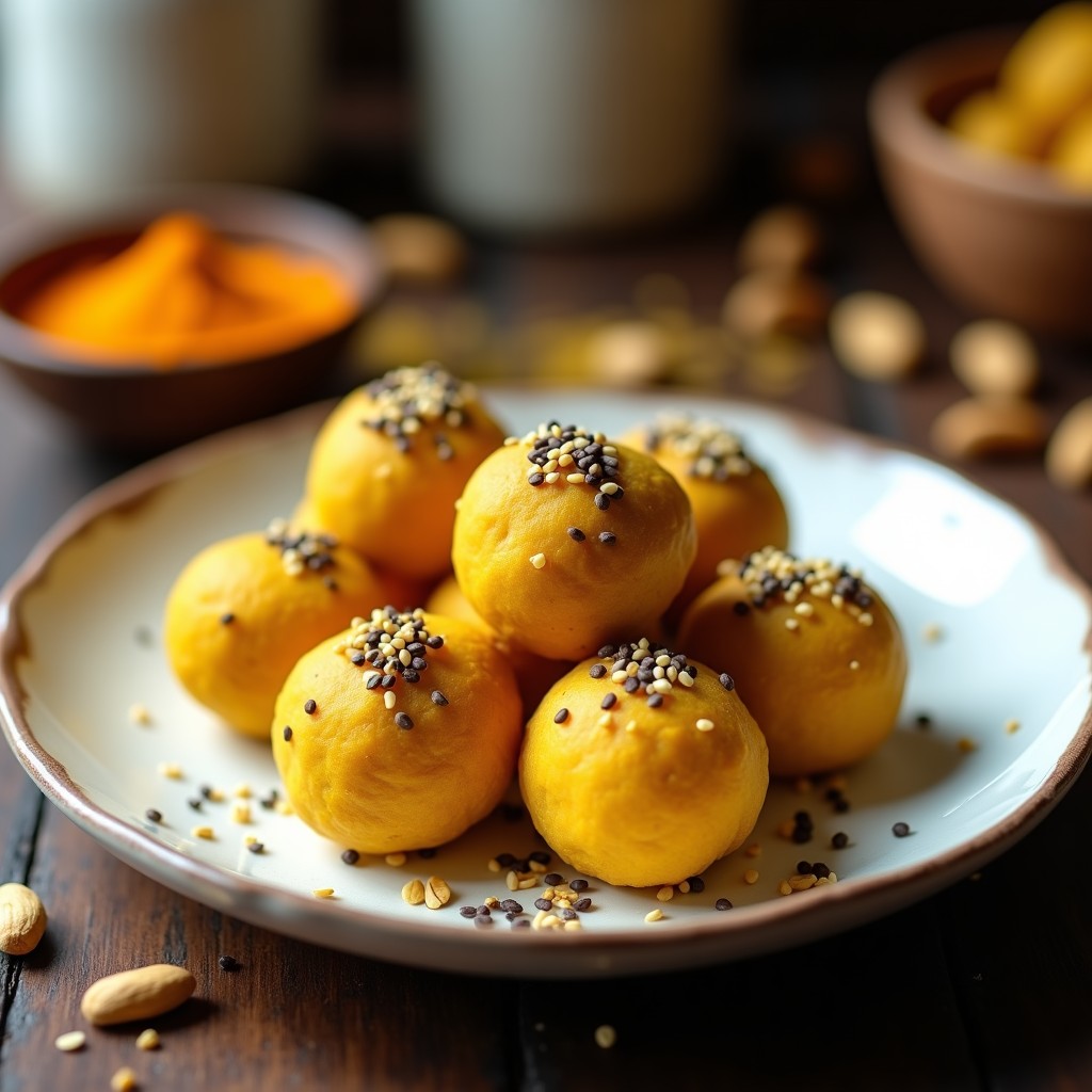 Trufas doradas de dátiles y cacahuete con cúrcuma, rebozadas en semillas de sésamo negro, servidas en un plato blanco rústico con fondo borroso de especias y frutos secos.