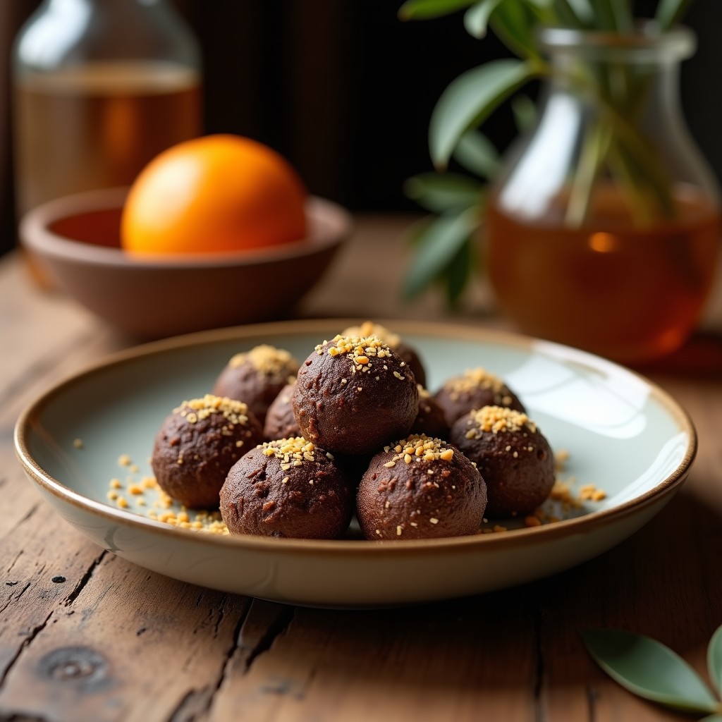 Trufas redondas de color marrón oscuro con cobertura de coco rallado y almendras fileteadas, dispuestas en una bandeja de madera rústica. Detalle de la textura brillante por el aceite de coco y el contraste de la ralladura de naranja en el fondo. Postre crudivegano energético.