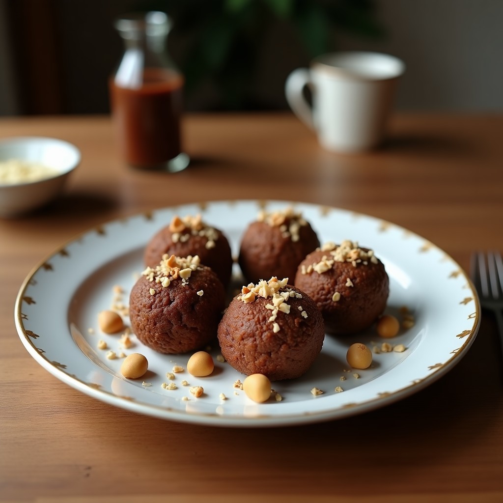 Trufas de dátiles y cacao con nuez de macadamia raw en un plato de cerámica blanca, decoradas con cacao nibs y macadamia triturada, sobre un fondo de madera oscura.