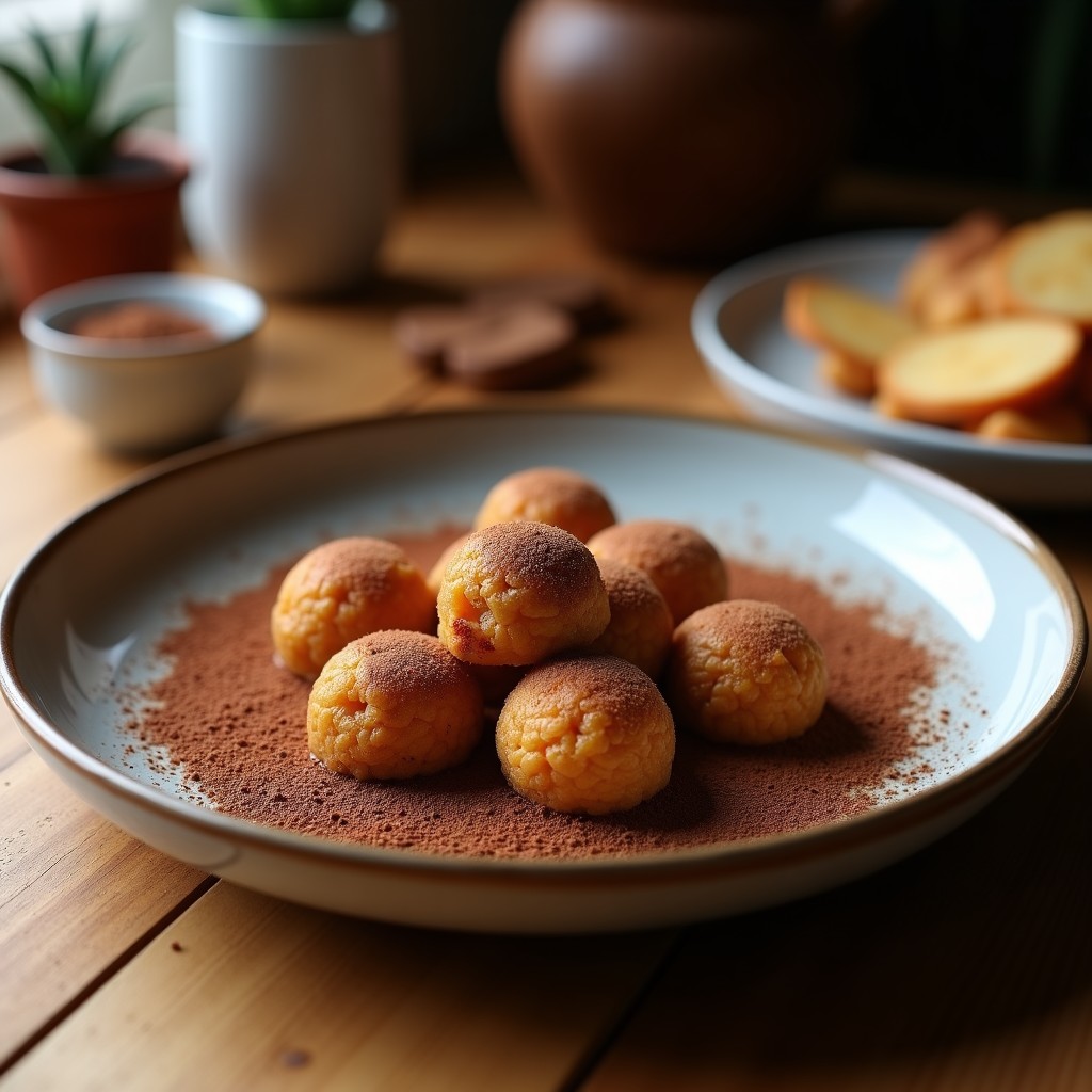 Trufas de dátiles y cacao con relleno de almendra dispuestas en una bandeja de madera, cubiertas de coco rallado y almendras fileteadas tostadas, con un fondo rústico y luz natural.