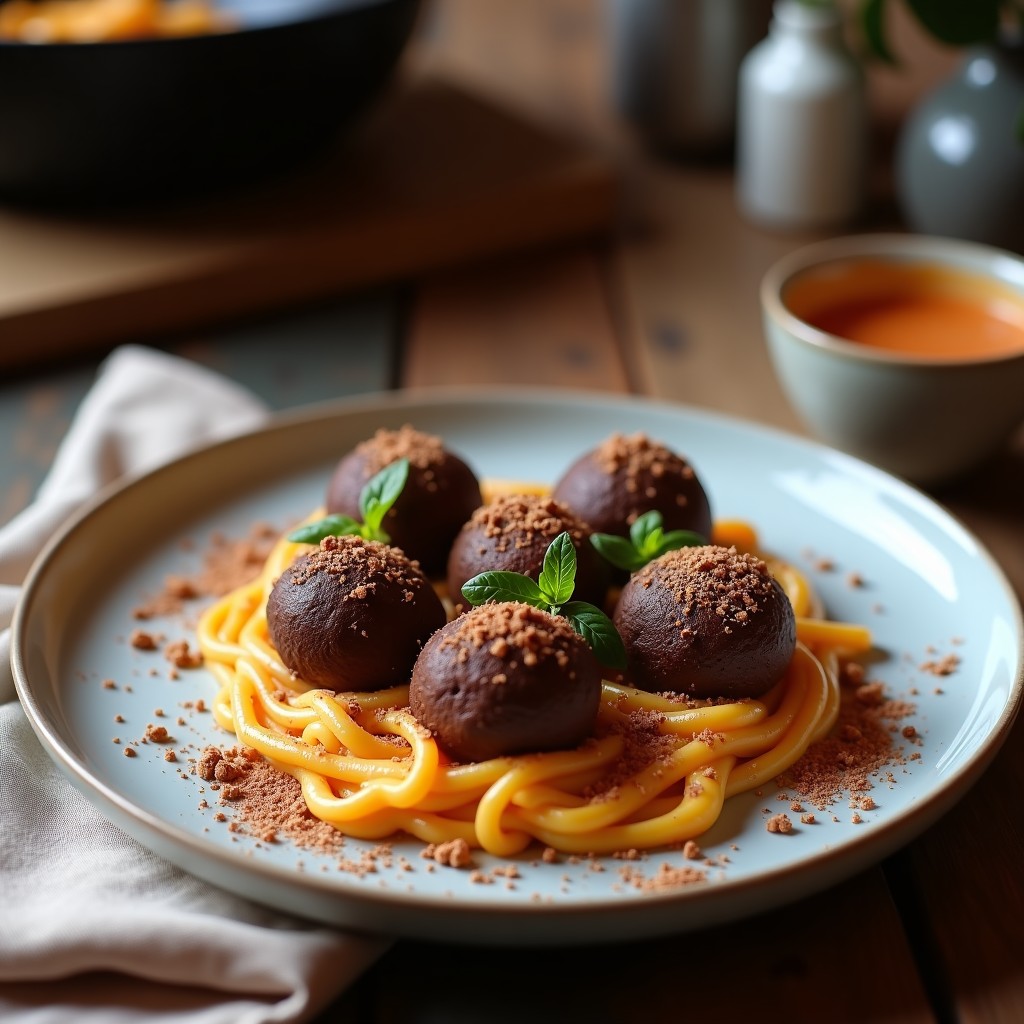 Trufas crudiveganas de dátiles y cacao con relleno de mantequilla de almendras, rebozadas en coco rallado y almendras picadas, servidas en un plato blanco sobre fondo rústico de madera.
