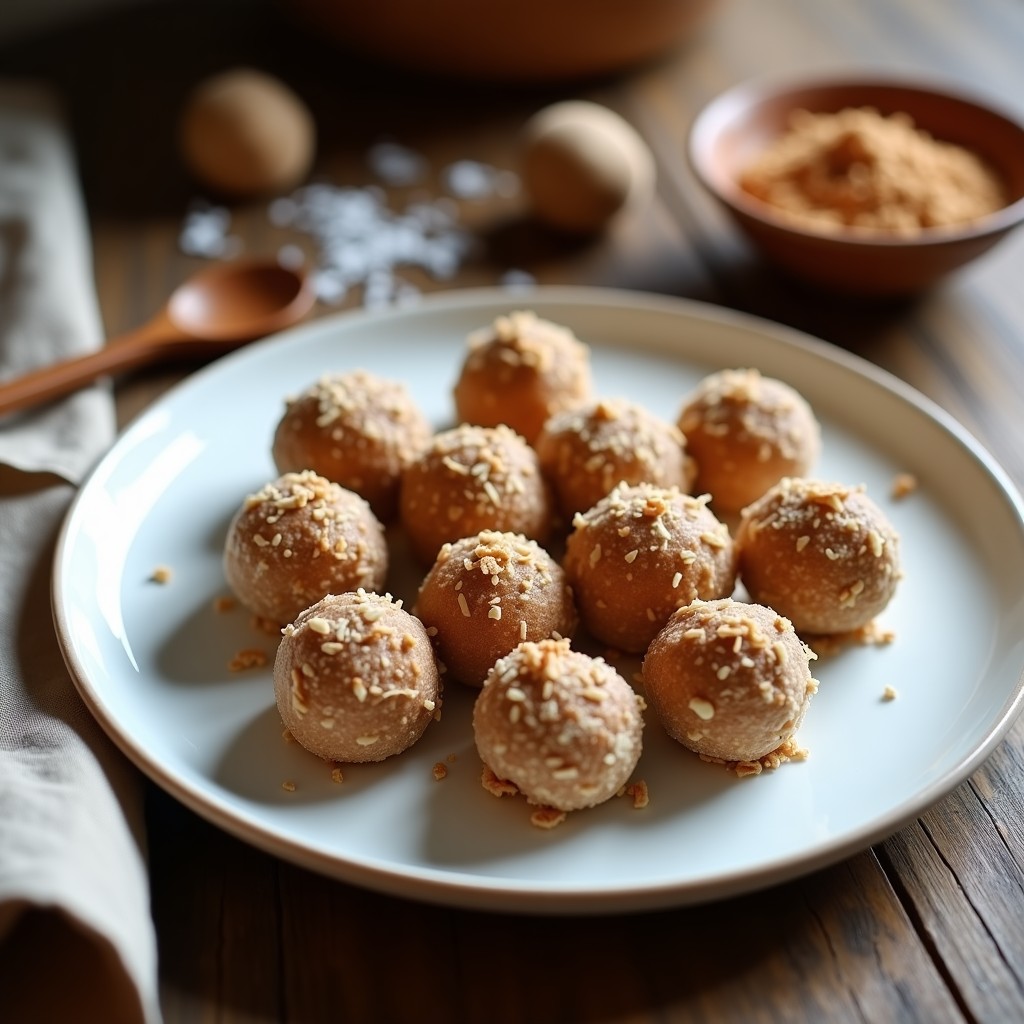 Trufas redondas y doradas de dátiles y polvo de lúcuma sobre un plato de madera, espolvoreadas con coco rallado y semillas de sésamo, con un fondo borroso de ingredientes naturales.