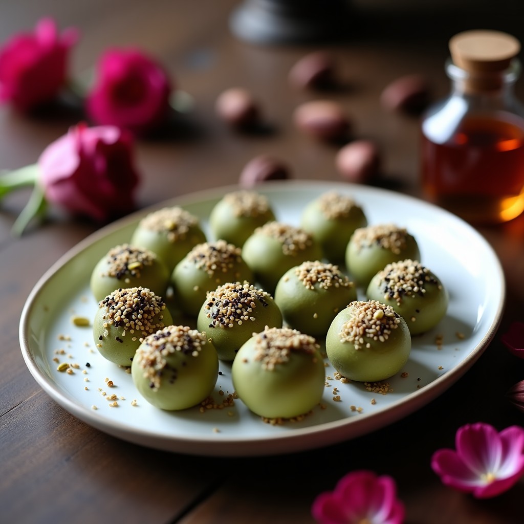Trufas de dátiles y pistacho con esencia de rosa dispuestas en bandeja de madera, rebozadas en coco rallado y pistachos picados, con pétalos de rosa comestibles como decoración.