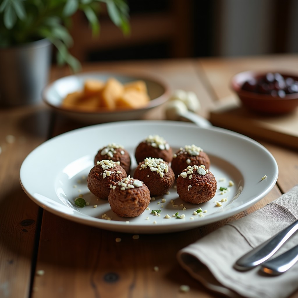 Trufas de dátiles y queso azul servidas en una bandeja de madera oscura, con recubrimiento de cacao y almendras fileteadas, postre salado-dulce sin cocción.