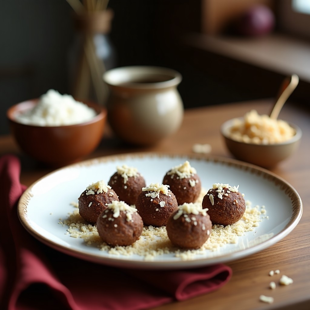 Trufas de dátiles y tahini con coco rallado dispuestas en una bandeja de madera oscura, con semillas de sésamo visibles y un fondo borroso de ingredientes como dátiles y tahini.