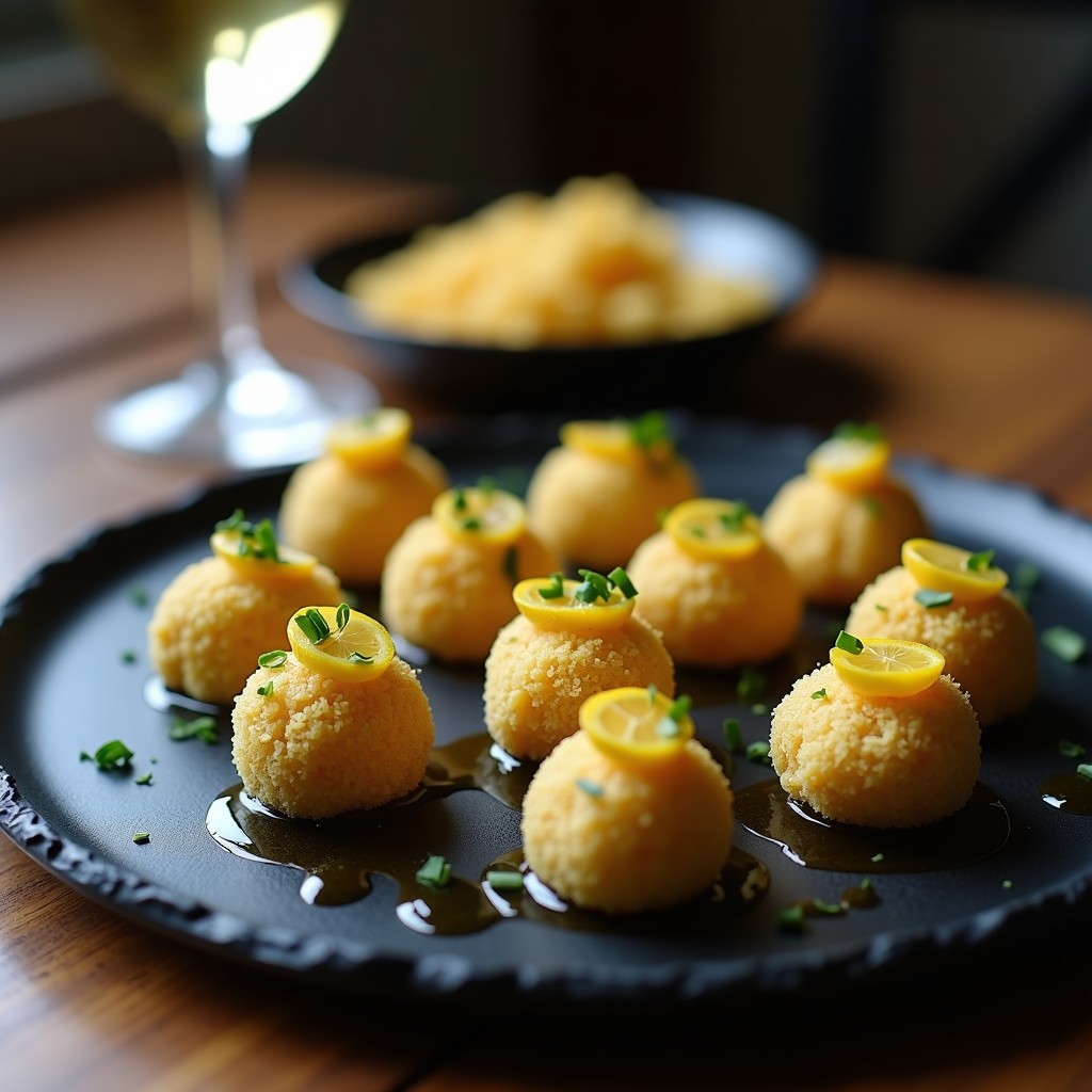 Trufas de hígado de bacalao y aceitunas negras gourmet portuguesas, servidas en bandeja de pizarra con rebozado dorado, decoradas con cebollino fresco y acompañadas de limón confitado.