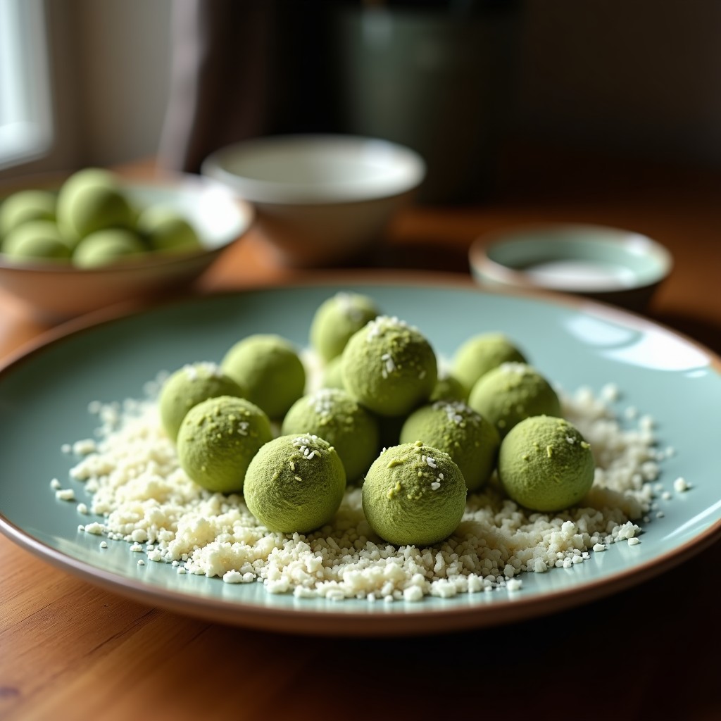 Trufas de matcha y coco rallado veganas servidas en plato blanco de porcelana, con textura esponjosa y cubiertas de coco rallado fino, sobre fondo de madera clara con hojas de menta y cucharita de té de plata.