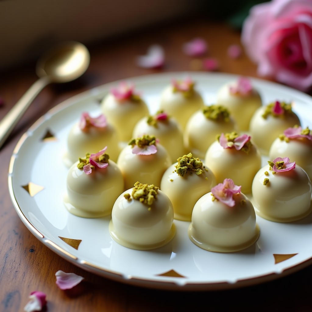 Trufas de pistacho y rosa con cobertura de chocolate blanco, decoradas con pistacho picado y pétalos de rosa comestibles, sobre un plato blanco con detalles dorados.