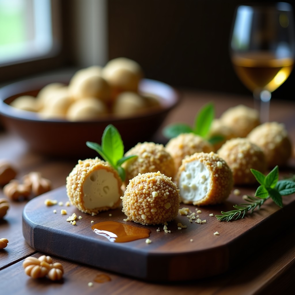 Trufas de queso azul y nueces dispuestas en bandeja de madera oscura, con textura aterciopelada y cubiertas de nueces picadas, acompañadas de hojas de menta y un hilo de miel de romero. Postre gourmet sin horno.