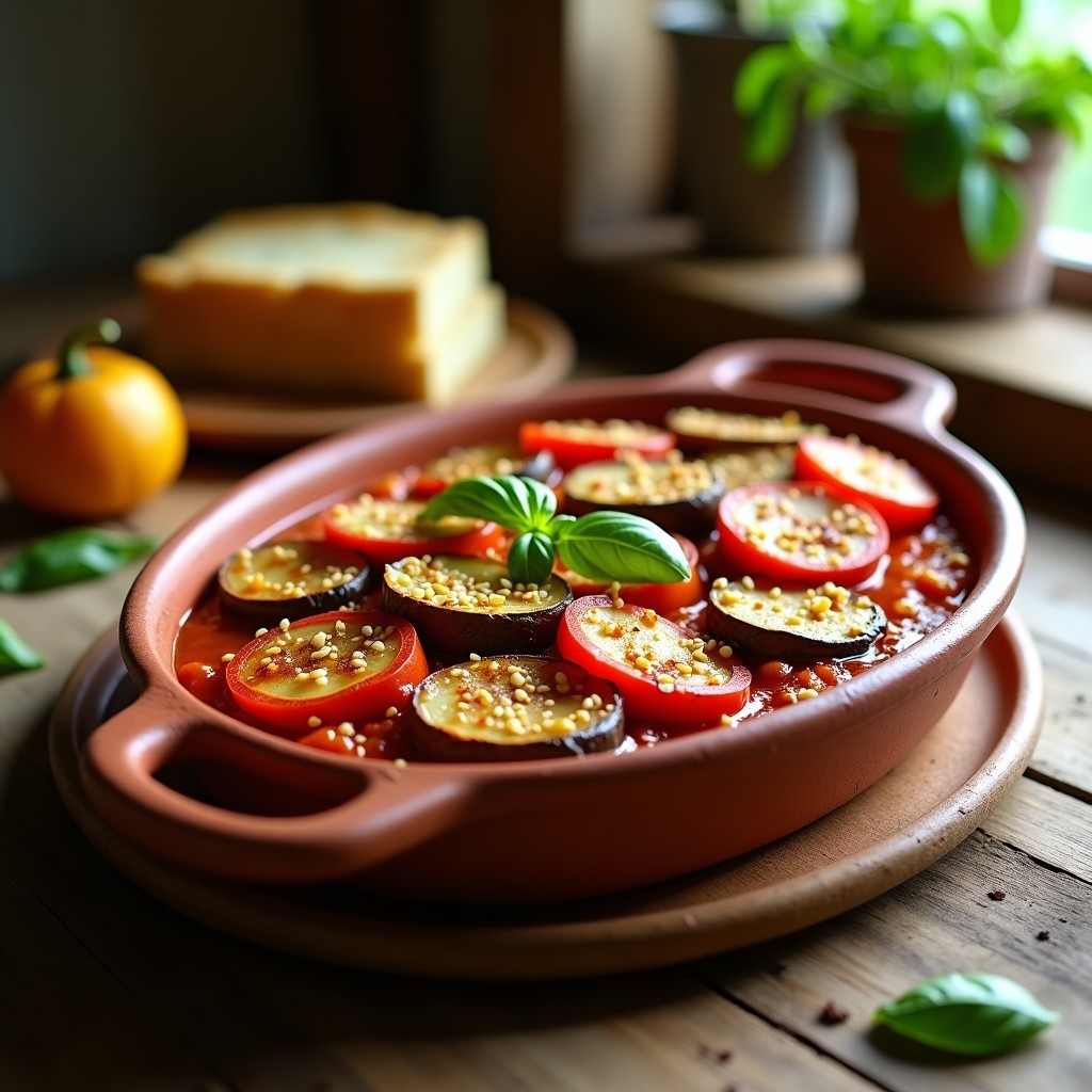 Fuente de barro con tumbet mallorquín vegano al horno: capas de berenjena, patata y pimiento rojo cubiertas con salsa de tomate dorada y semillas de sésamo tostadas, receta tradicional sin lácteos.