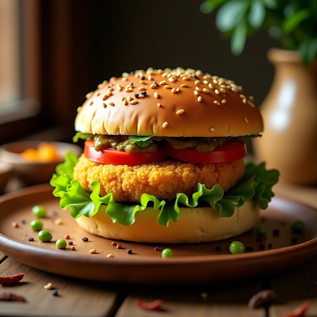 B वada Pav vegana con pan de mijo dorado, hamburguesa de garbanzo crujiente, chutney verde de menta y cilantro, servida en plato rústico con semillas de mostaza y hojas de cúrcuma.