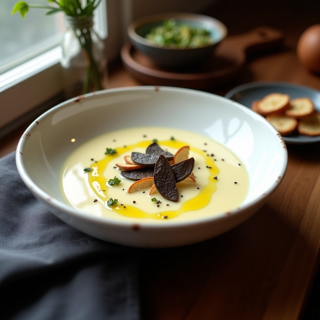 Cuenco blanco con velouté de coliflor cremoso, decorado con láminas de trufa negra y un hilo de aceite de oliva. Plato elegante y reconfortante, receta en airfryer.