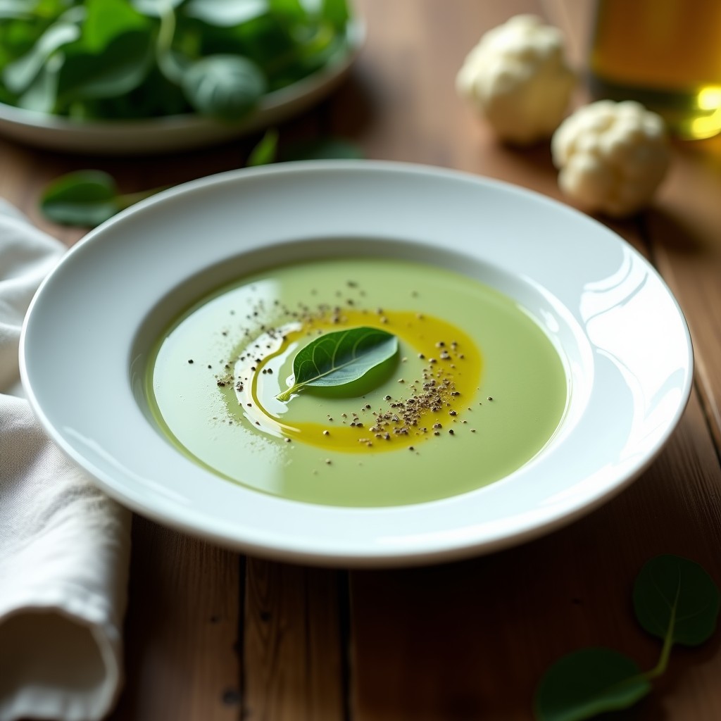 Cuenco blanco con velouté de espinacas y coliflor, color verde claro, textura cremosa, decorado con hilo de aceite de oliva y pimienta negra, fondo rústico de madera.