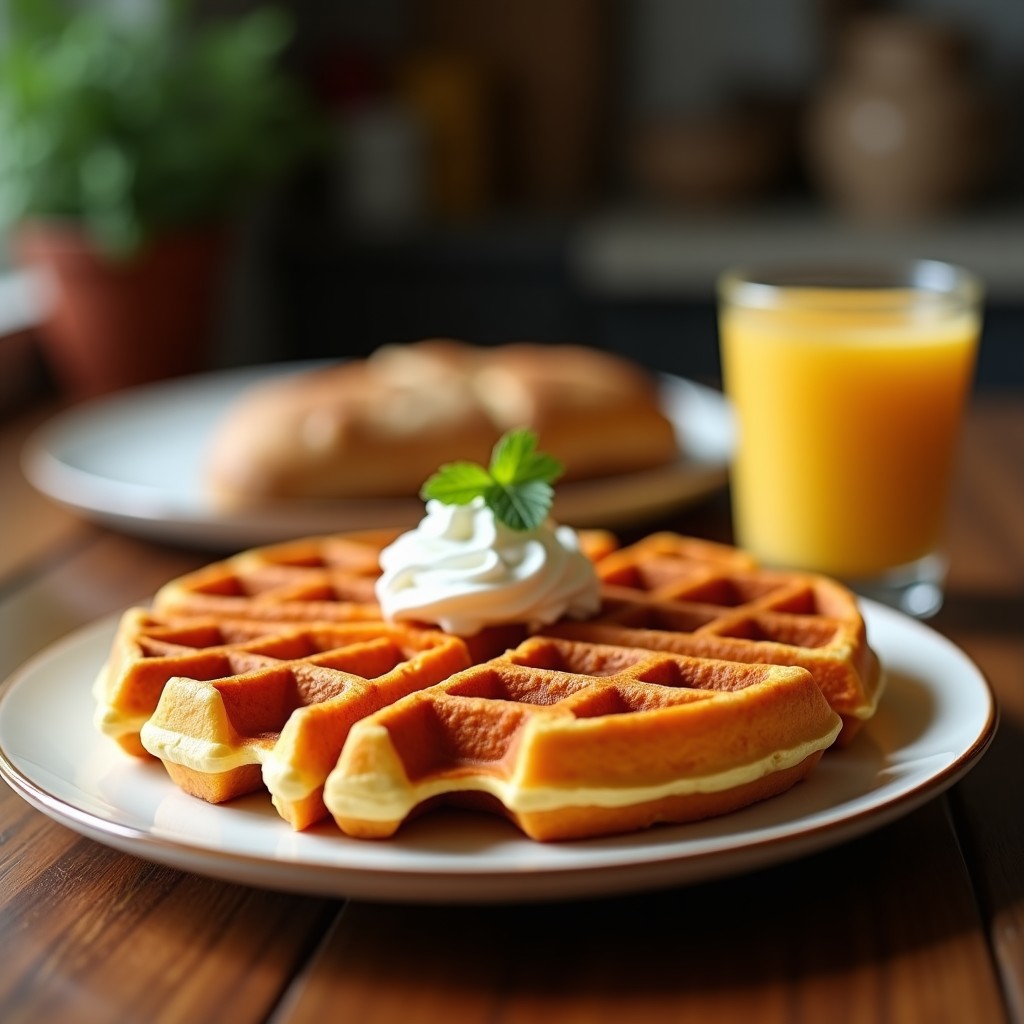 Waffles dorados y esponjosos de camote y harina de coco apilados en un plato blanco, con semillas de chía espolvoreadas y un chorrito de sirope de arce. Fondo rústico con una taza de café y frutas frescas.