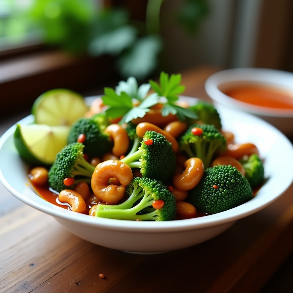 Wok tailandés de brócoli verde vibrante y anacardos dorados crujientes, bañados en una salsa de tamarindo brillante y espesa, decorado con cilantro fresco y rodajas de lima, servido en un plato de cerámica blanca con fondo de madera rústica.