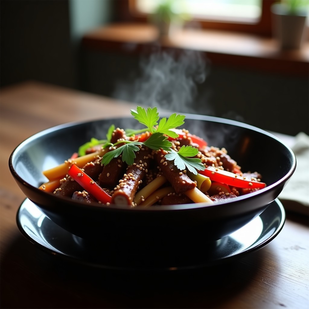 Wok de brotes de bambú dorados y ternera en tiras jugosas, bañados en salsa hoisin brillante, decorado con semillas de sésamo y cilantro fresco. Plato servido en bowl negro con fondo de madera oscura, receta china en airfryer.