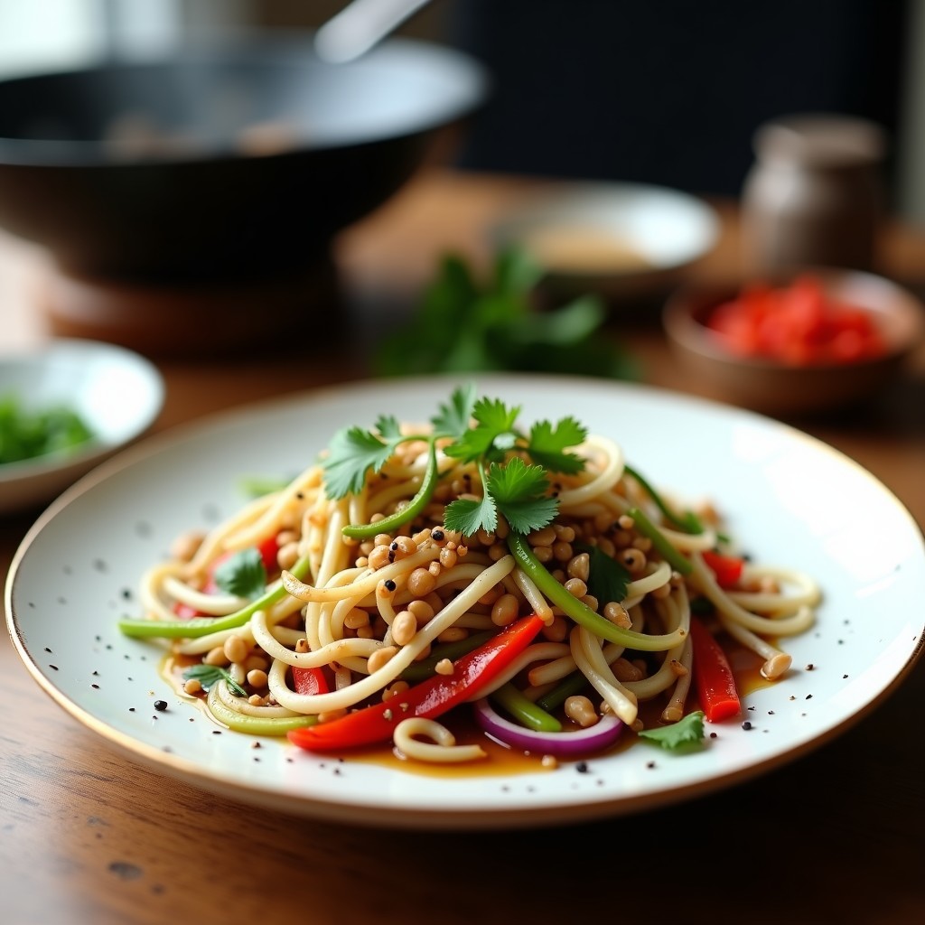 Wok humeante con brotes de soja salteados en salsa oscura, jengibre, pimiento rojo y cebolla morada, coronado con cacahuetes tostados y semillas de sésamo. Plato colorido y vibrante de cocina china vegana.