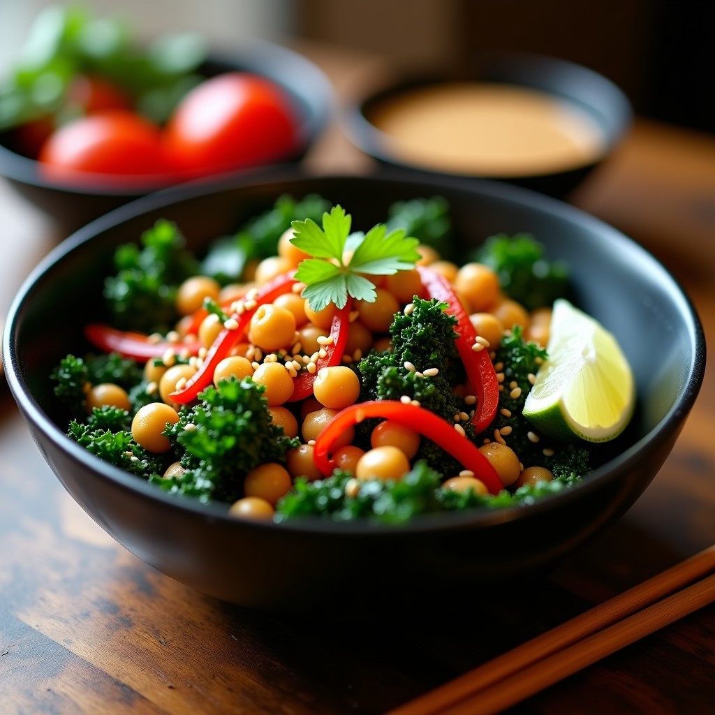 Wok de Col Rizada y Garbanzos con Salsa de Cacahuete: Receta Vegana y Crujiente