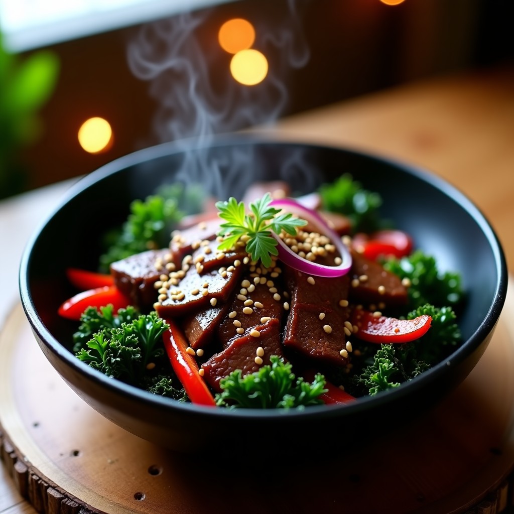 Wok de col rizada y ternera con salsa de ostras vegana en Airfryer, servido en un bol negro con semillas de sésamo tostadas y tiras de pimiento rojo y cebolla morada. Plato brillante con textura crujiente y jugosa, típico de la cocina china moderna.