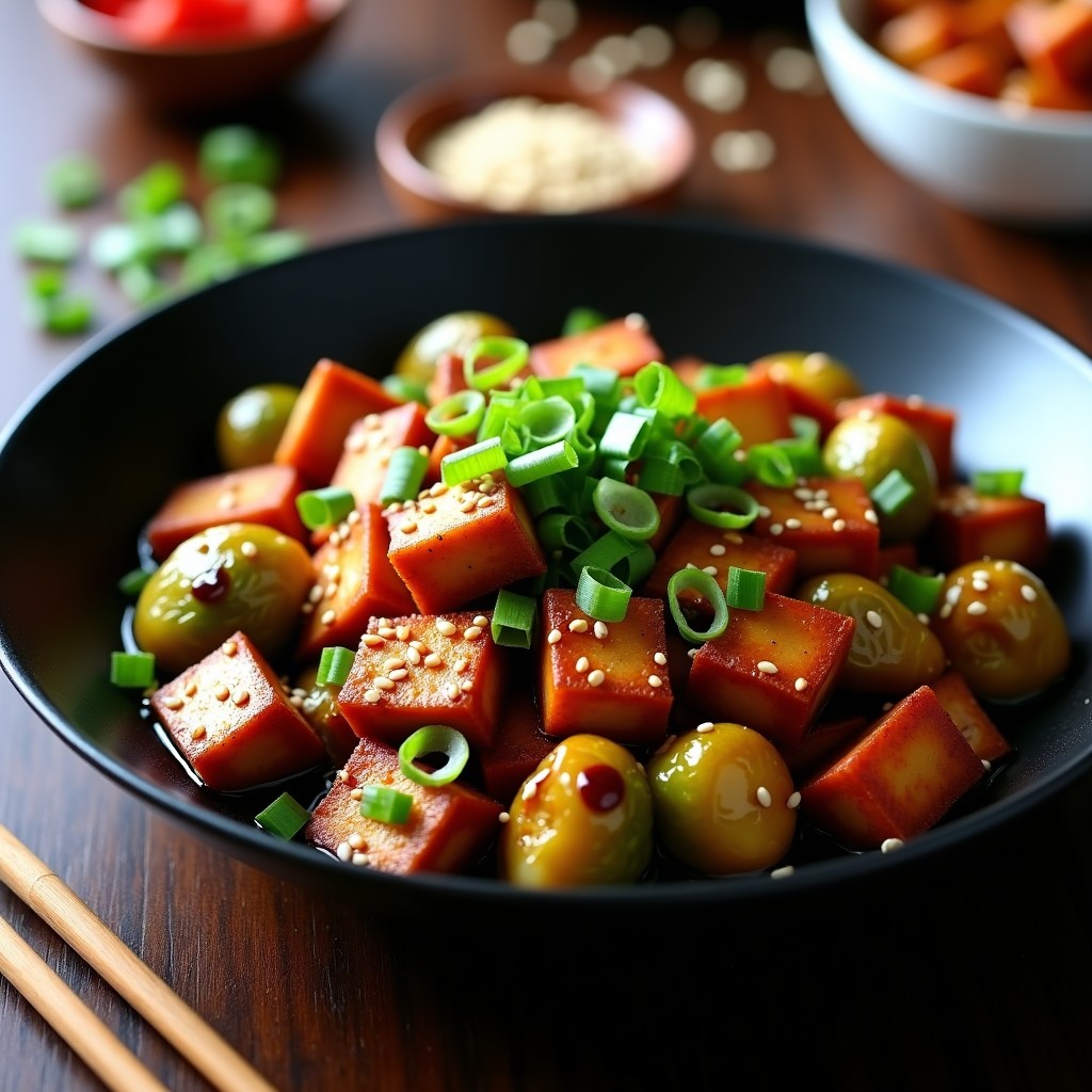 Wok brillante con coles de Bruselas caramelizadas y tempeh dorado bañado en salsa de soja negra, decorado con semillas de sésamo y cebollino. Plato vegano chino rápido y alto en proteína.