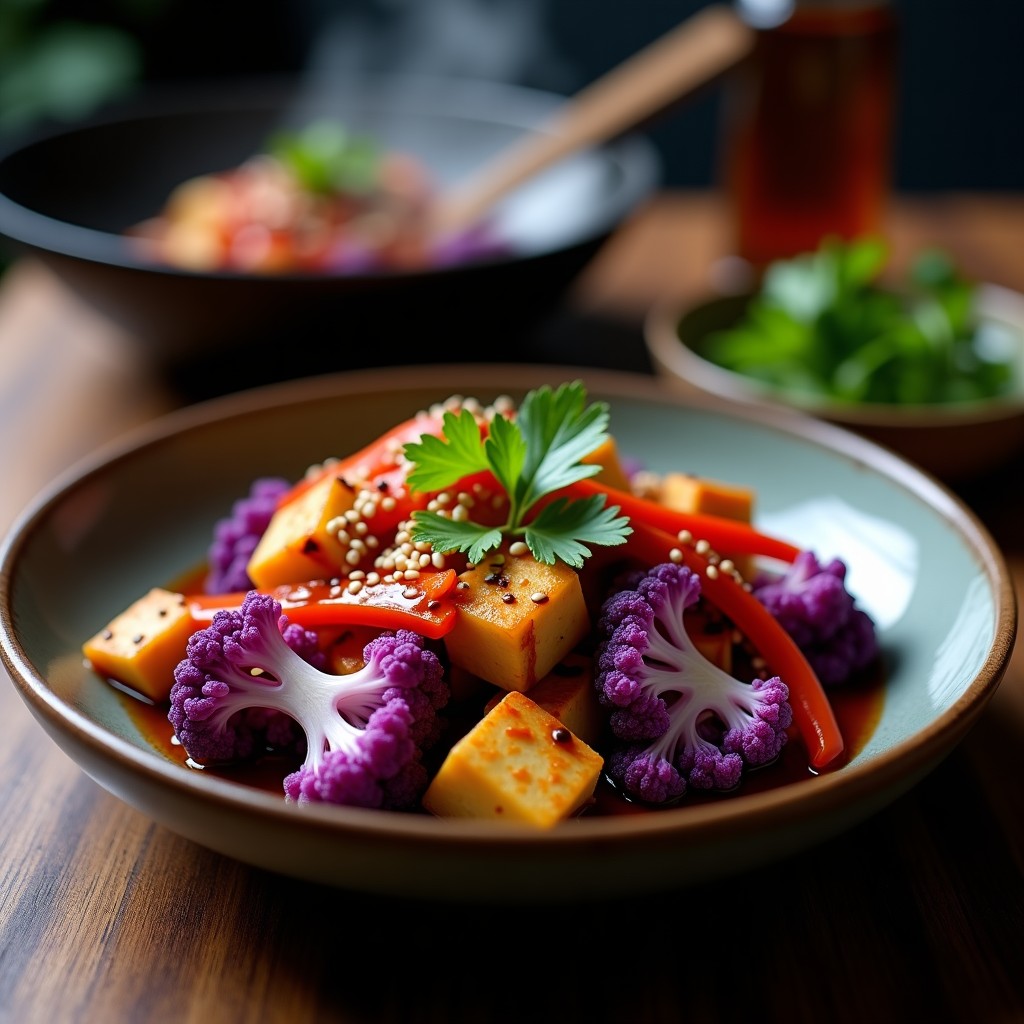 Wok de coliflor morada y tofu dorado con salsa de tamari y jengibre, decorado con semillas de sésamo y cilantro fresco, servido en un plato hondo blanco sobre fondo de madera oscura.