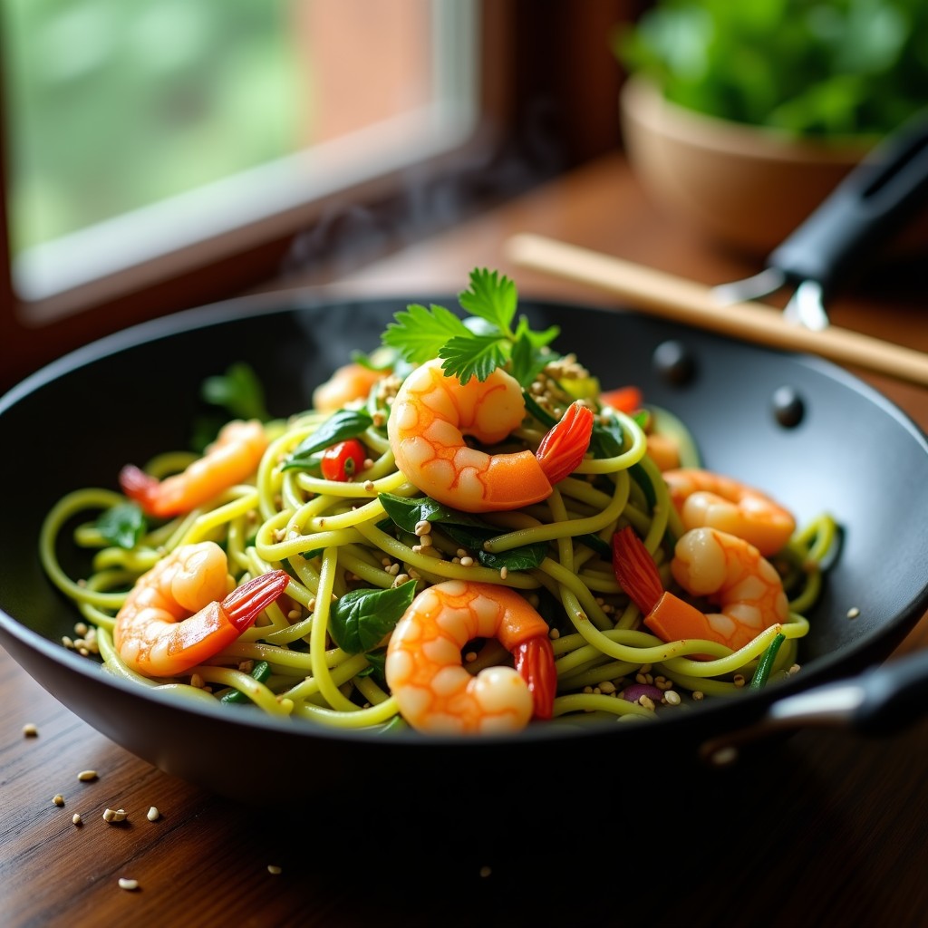 Wok humeante con espaguetis de calabacín verdes y brillantes, gambas rosadas salteadas, pimiento rojo, cebolla morada y cilantro fresco, bañado en salsa de ají limón. Plato tailandés low carb con semillas de sésamo tostado.