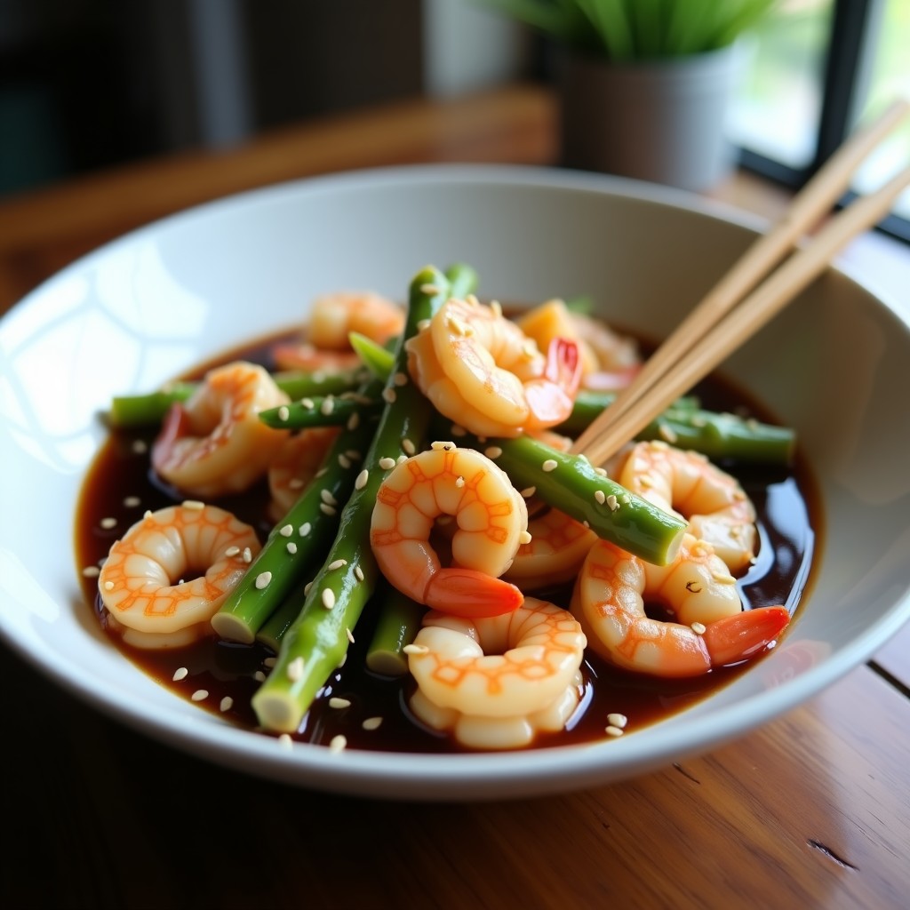 Wok de espárragos blancos y gambas con salsa de ostras vegana en Thermomix, servido en plato hondo con semillas de sésamo y acompañado de palillos chinos.